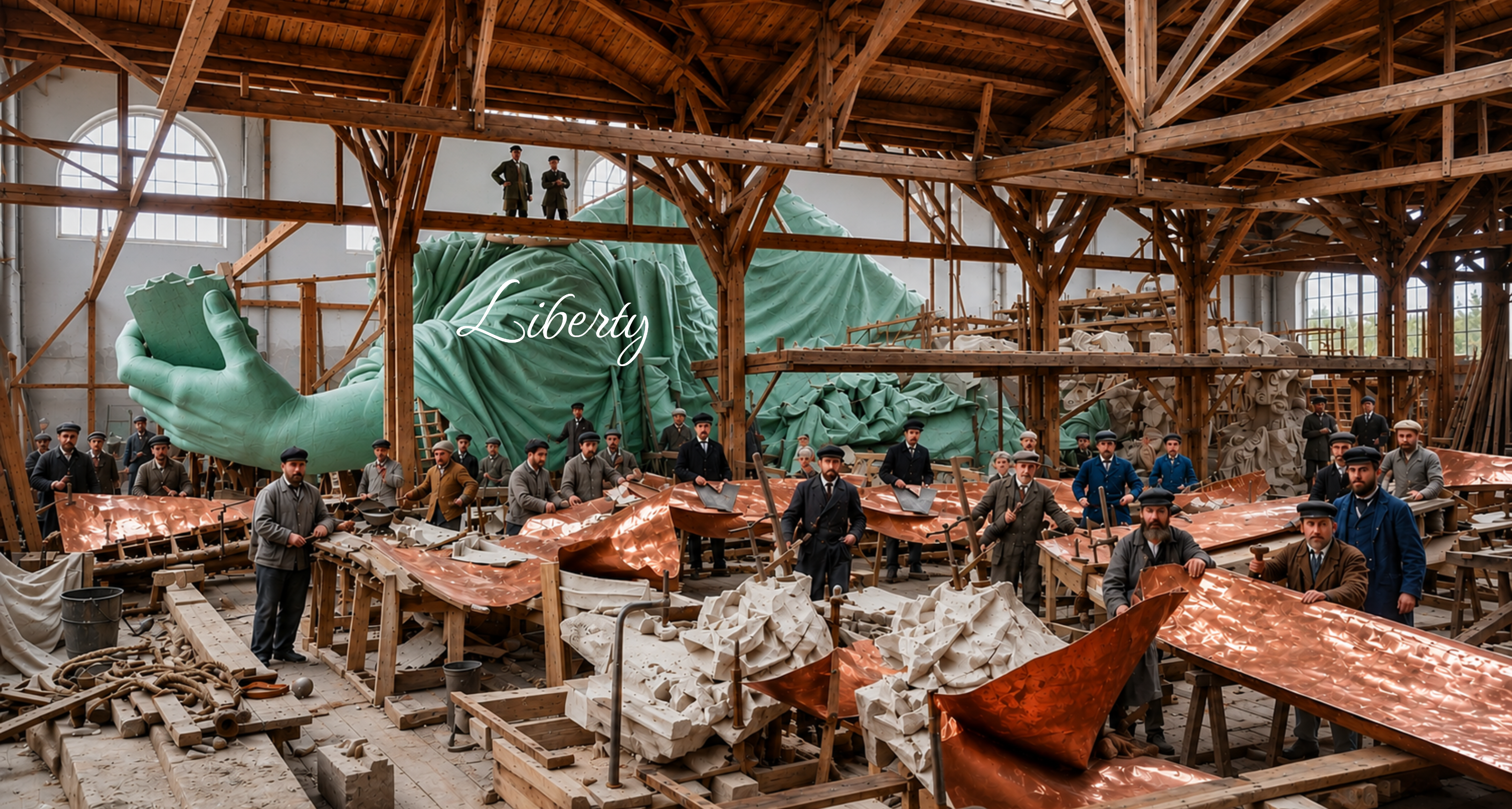 Craftsmen hammering copper sheets for the Statue of Liberty in a Paris workshop, circa 1880