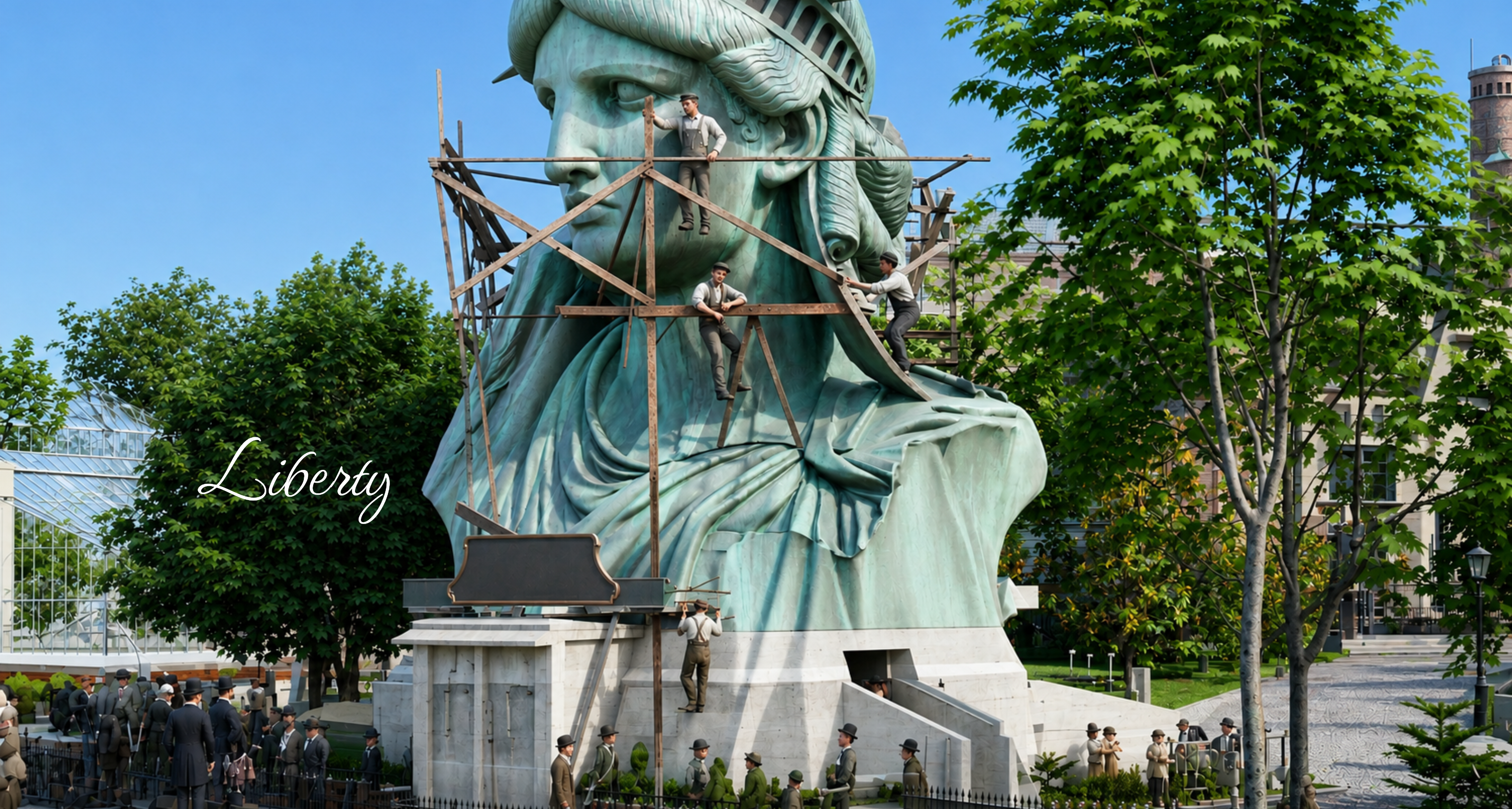The Statue of Liberty head on scaffolding at the 1878 Paris Exposition Universelle