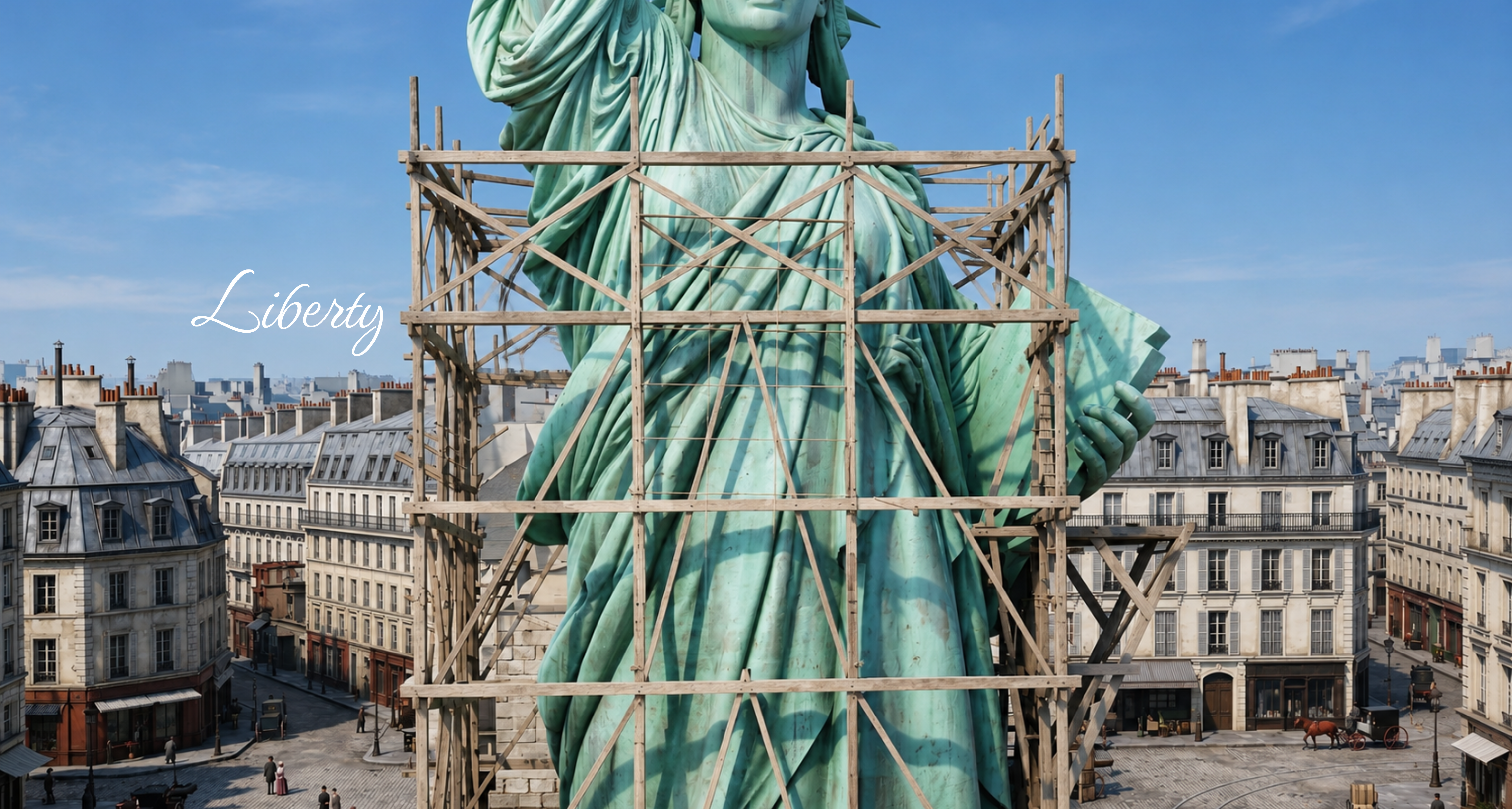 The Statue of Liberty under construction in a Paris square before her 1884 presentation