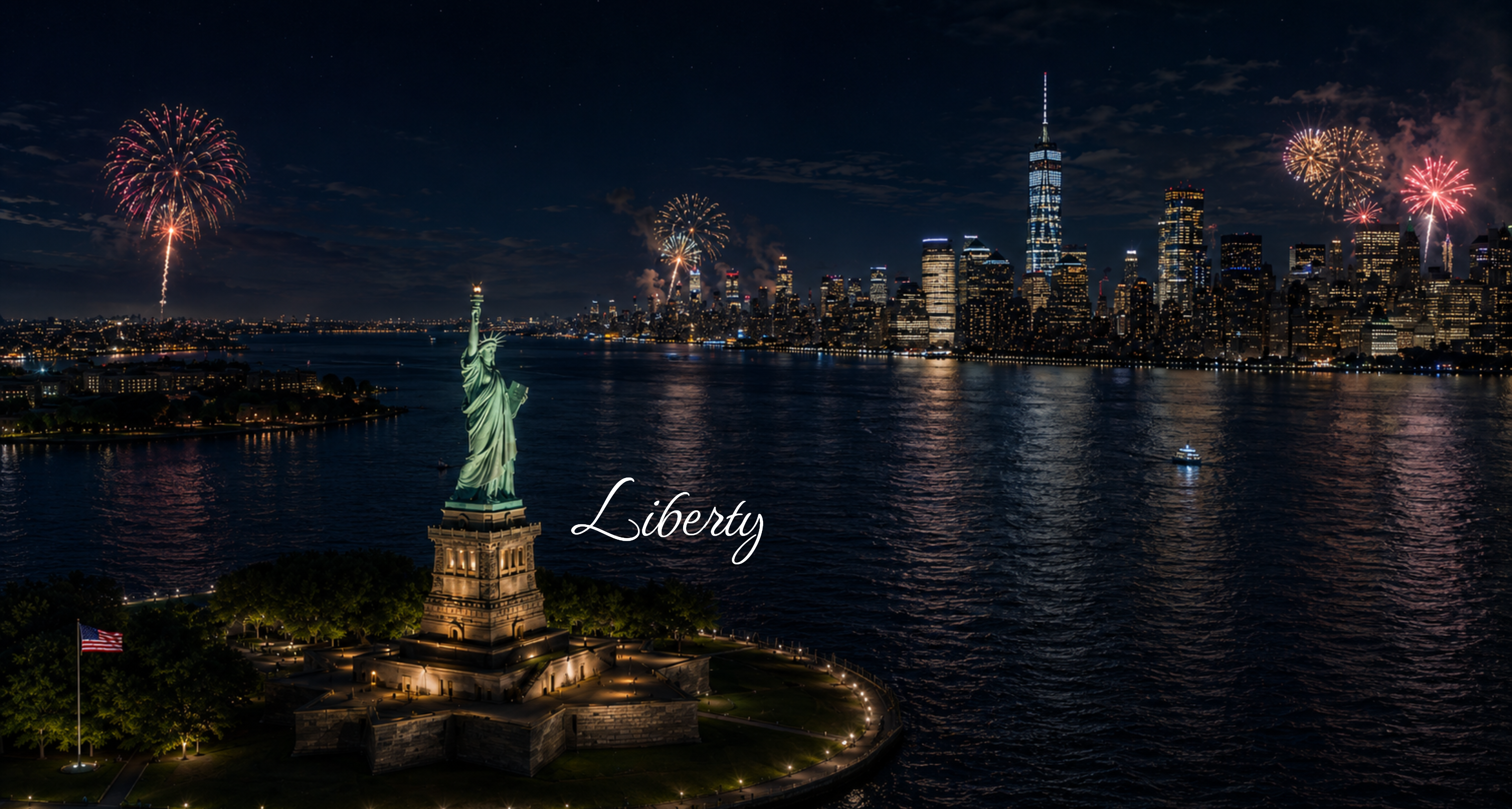 Statue of Liberty and Lower Manhattan skyline at night with fireworks over New York Harbor