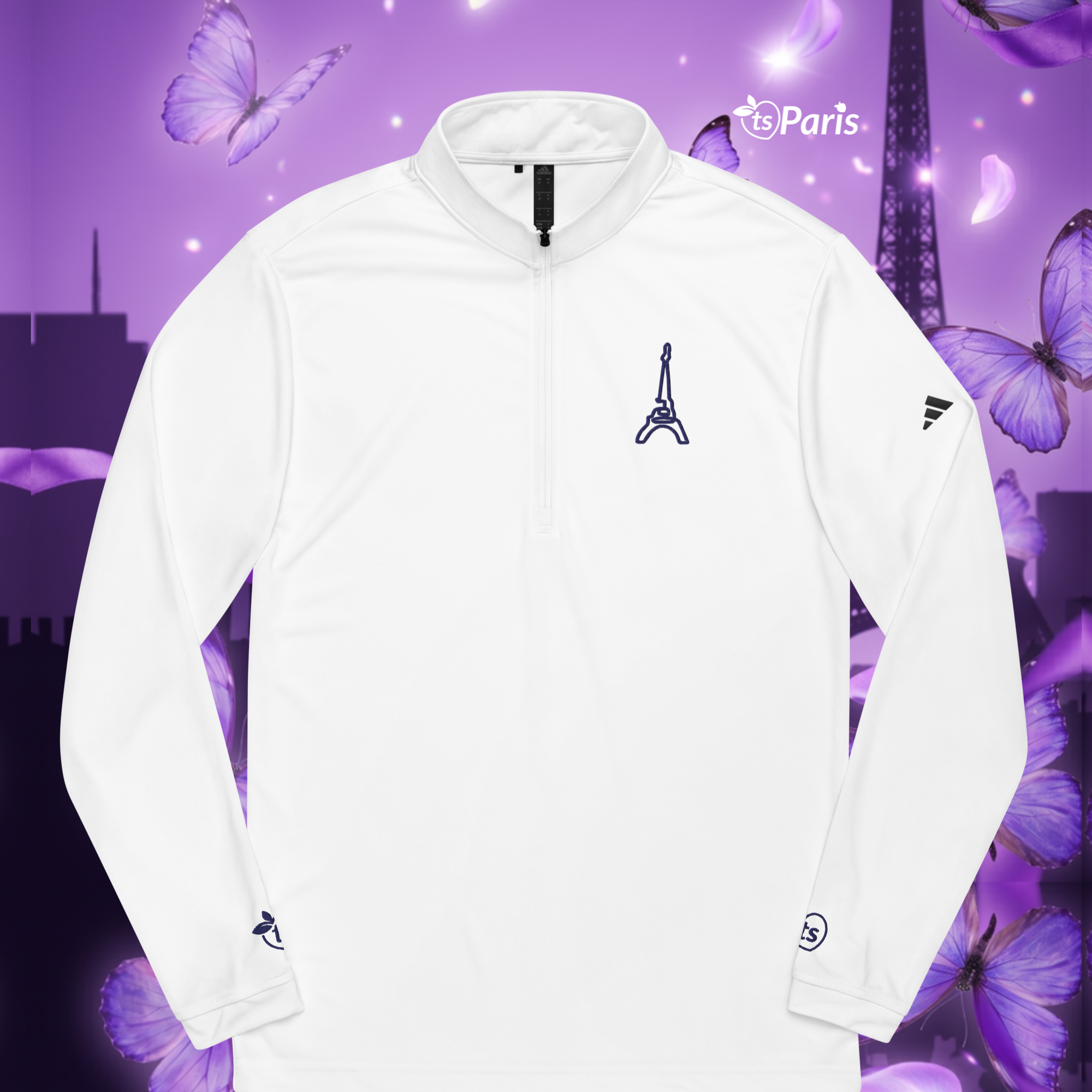 adidas® by tsgabrielle® • Hombres • París - La Torre Eiffel • Suéter de Cuarto de Cremallera • Blanco