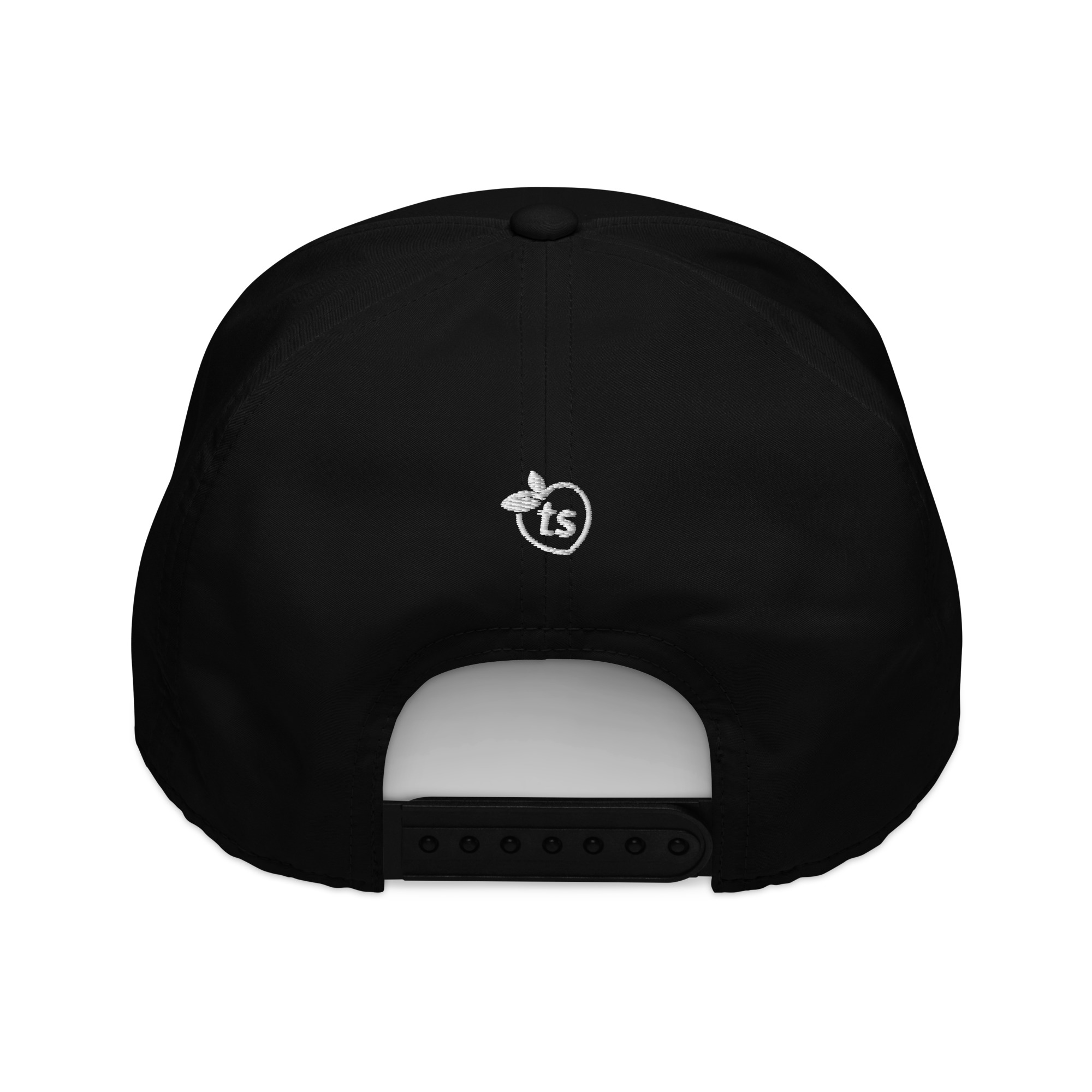 Black adidas dad hat with embroidered ts logo, back view on white background