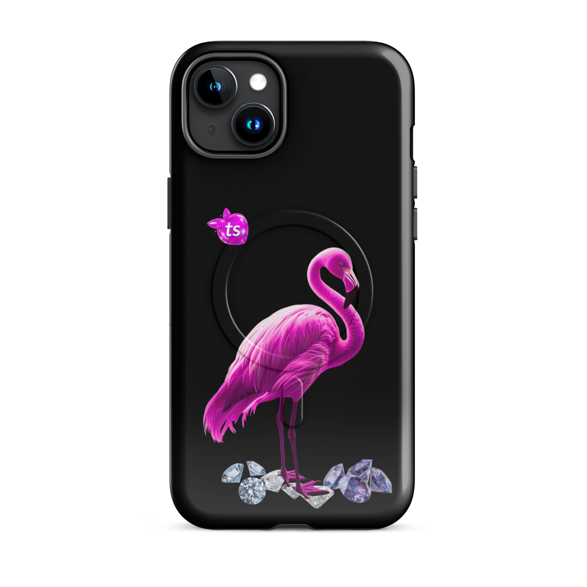 Flamant Rose MagSafe tough case iPhone 15 Plus, front view on white background