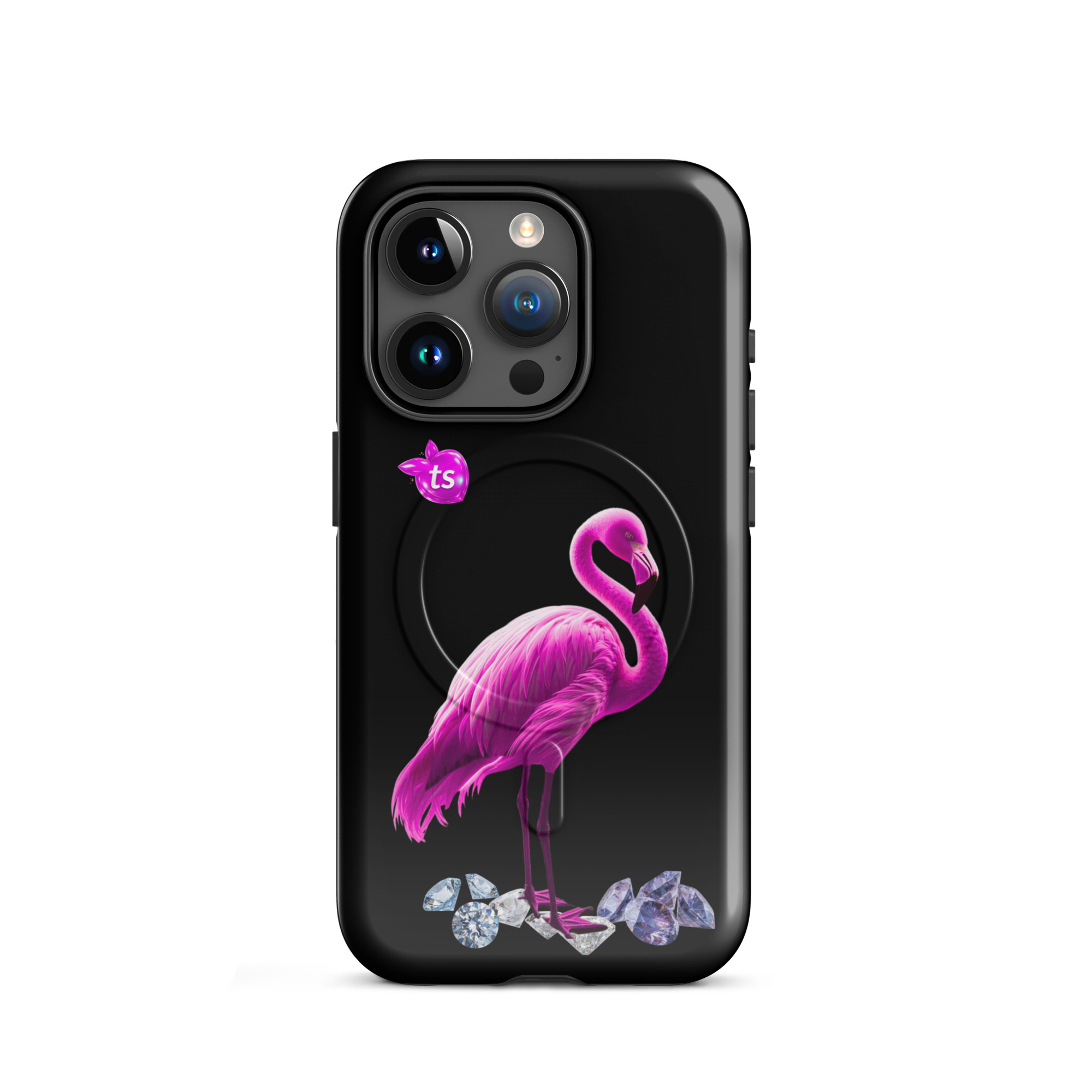Flamant Rose MagSafe tough case iPhone 15 Pro, front view on white background