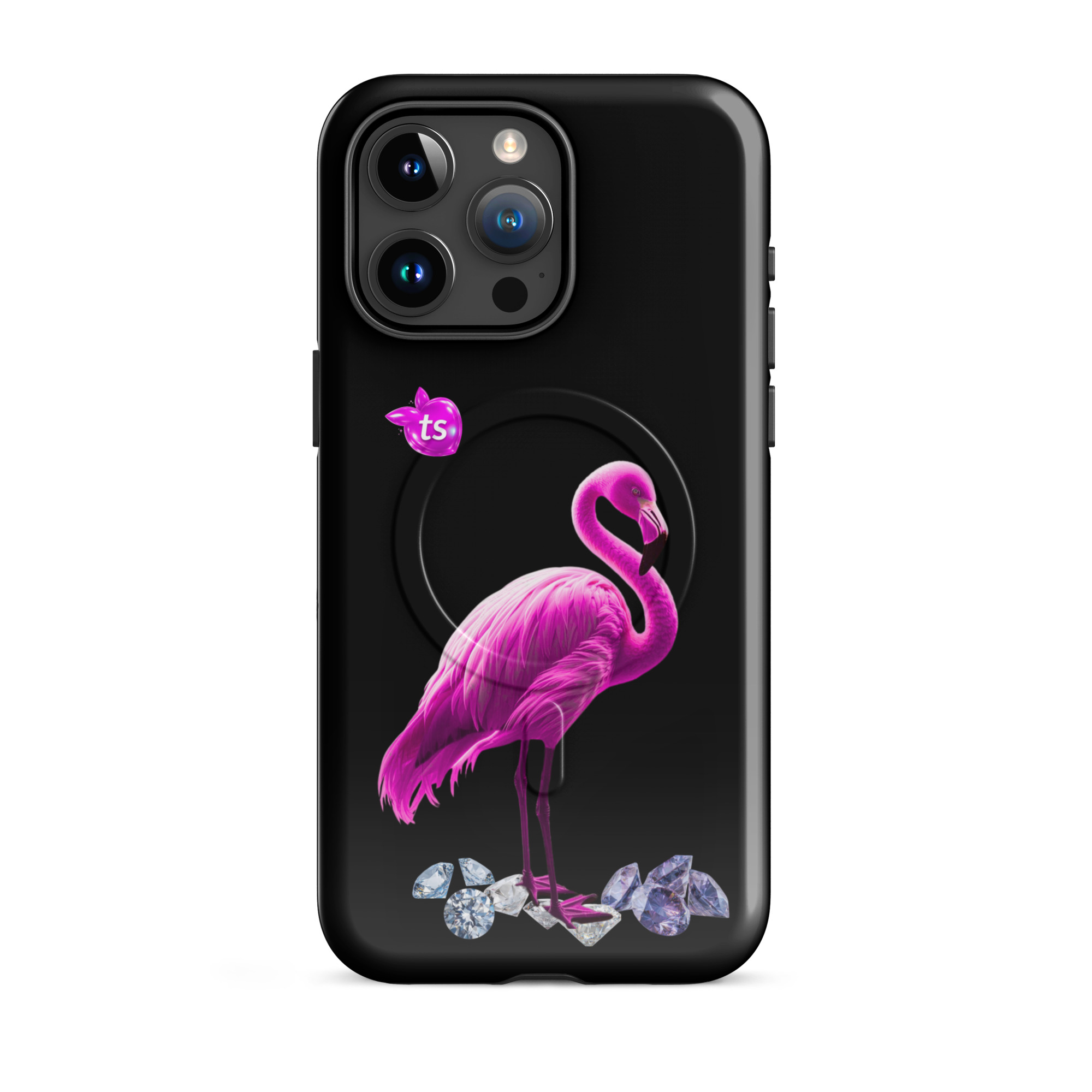 Flamant Rose MagSafe tough case iPhone 15 Pro Max, front view on white background
