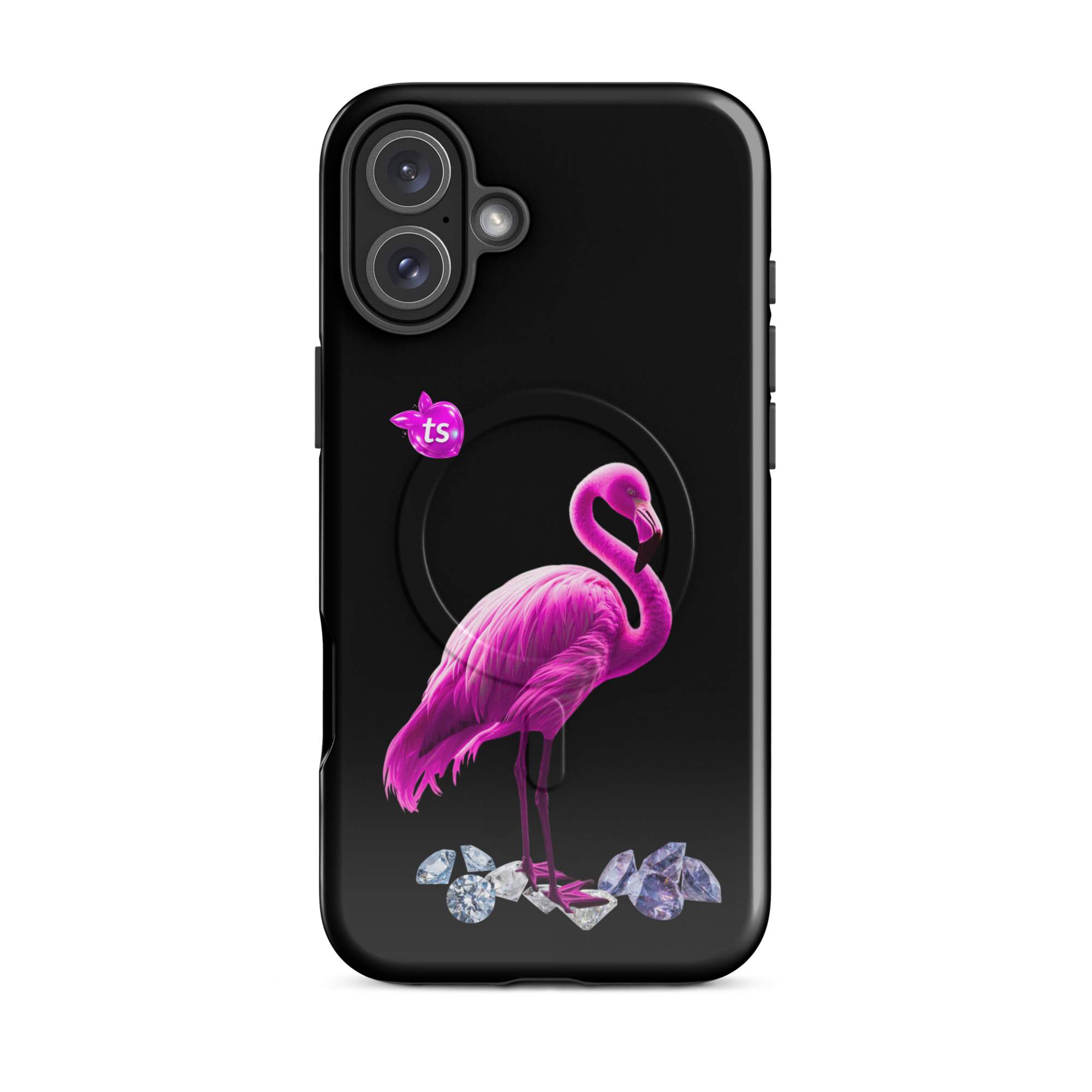 Flamant Rose MagSafe tough case iPhone 16 Plus, front view on white background
