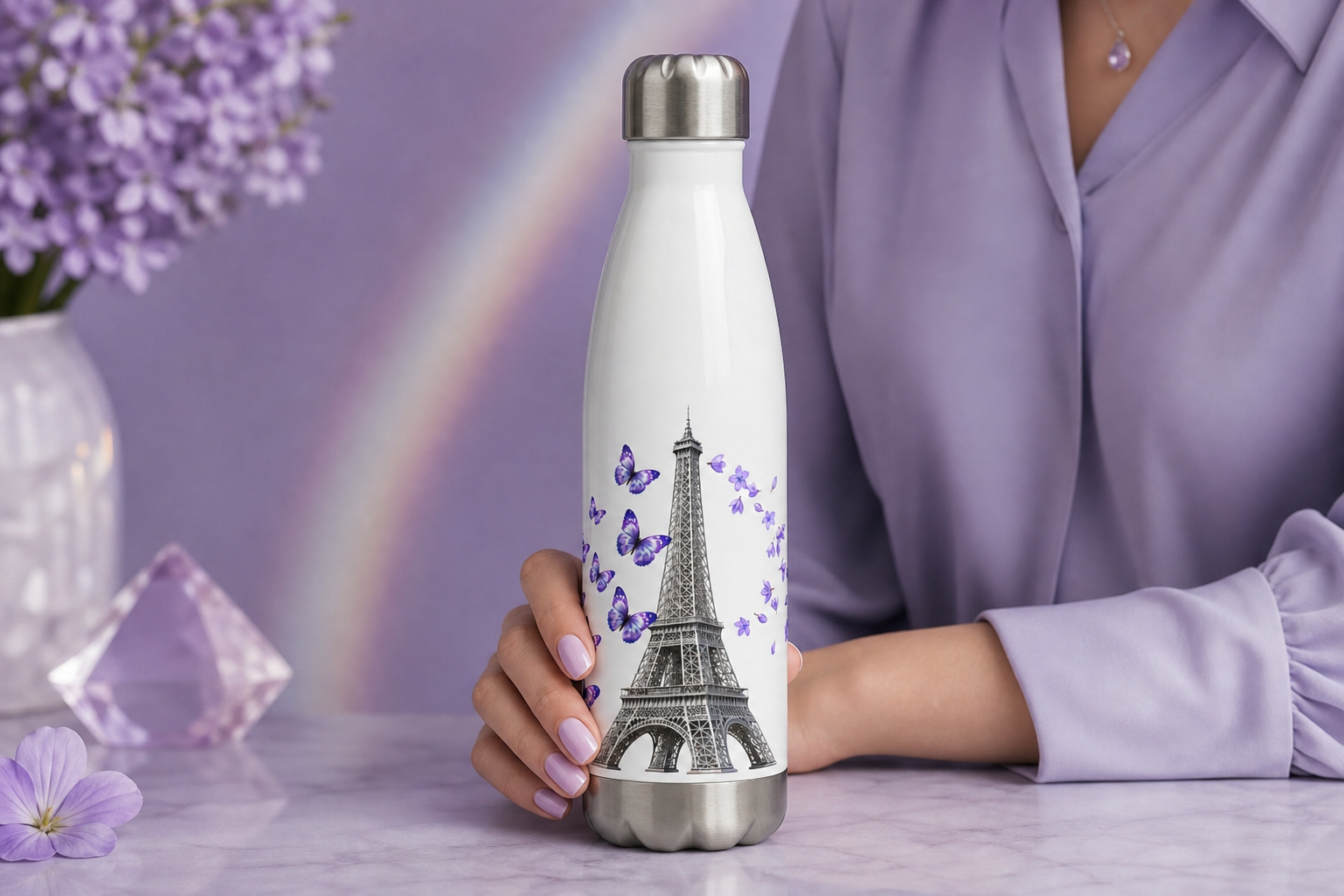 tsgabrielle® • París - La Torre Eiffel • Botella de agua • Blanco • Acero inoxidable • 17 oz - View 14